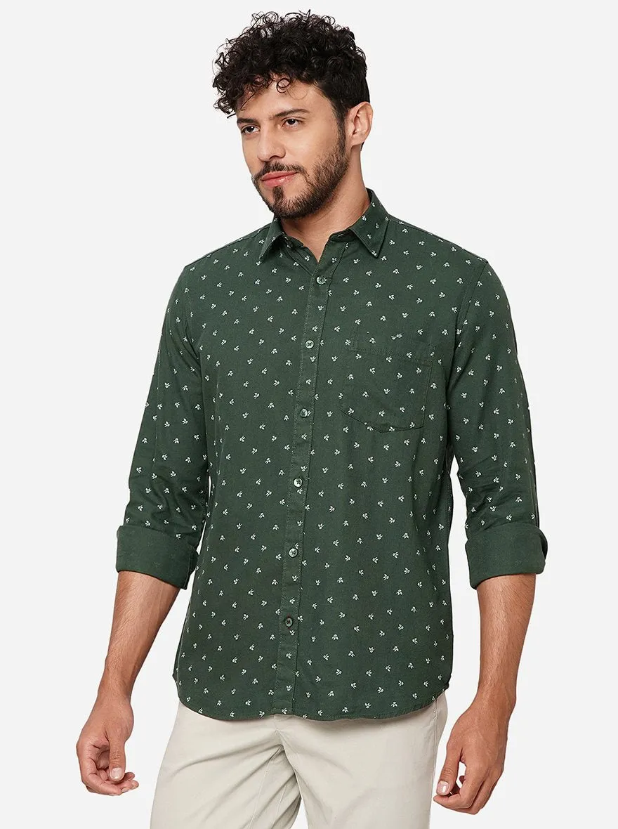 Olive Green Printed Smart Fit Semi Casual Shirt | Greenfibre