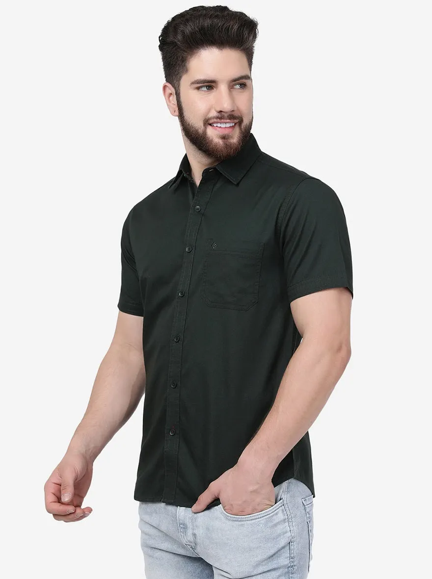 Olive Green Solid Slim Fit Casual Shirt | Greenfibre