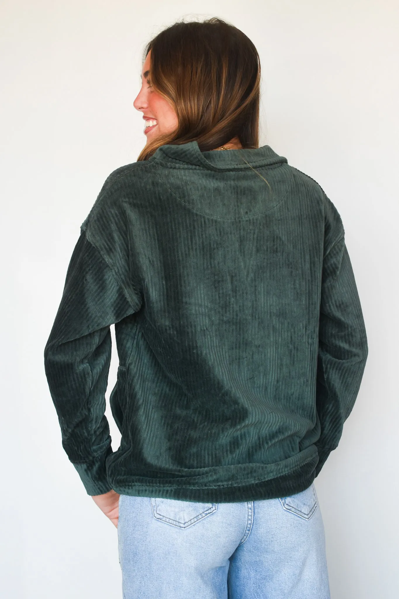 Oversized Collared Corduroy Pullover- Forest Green