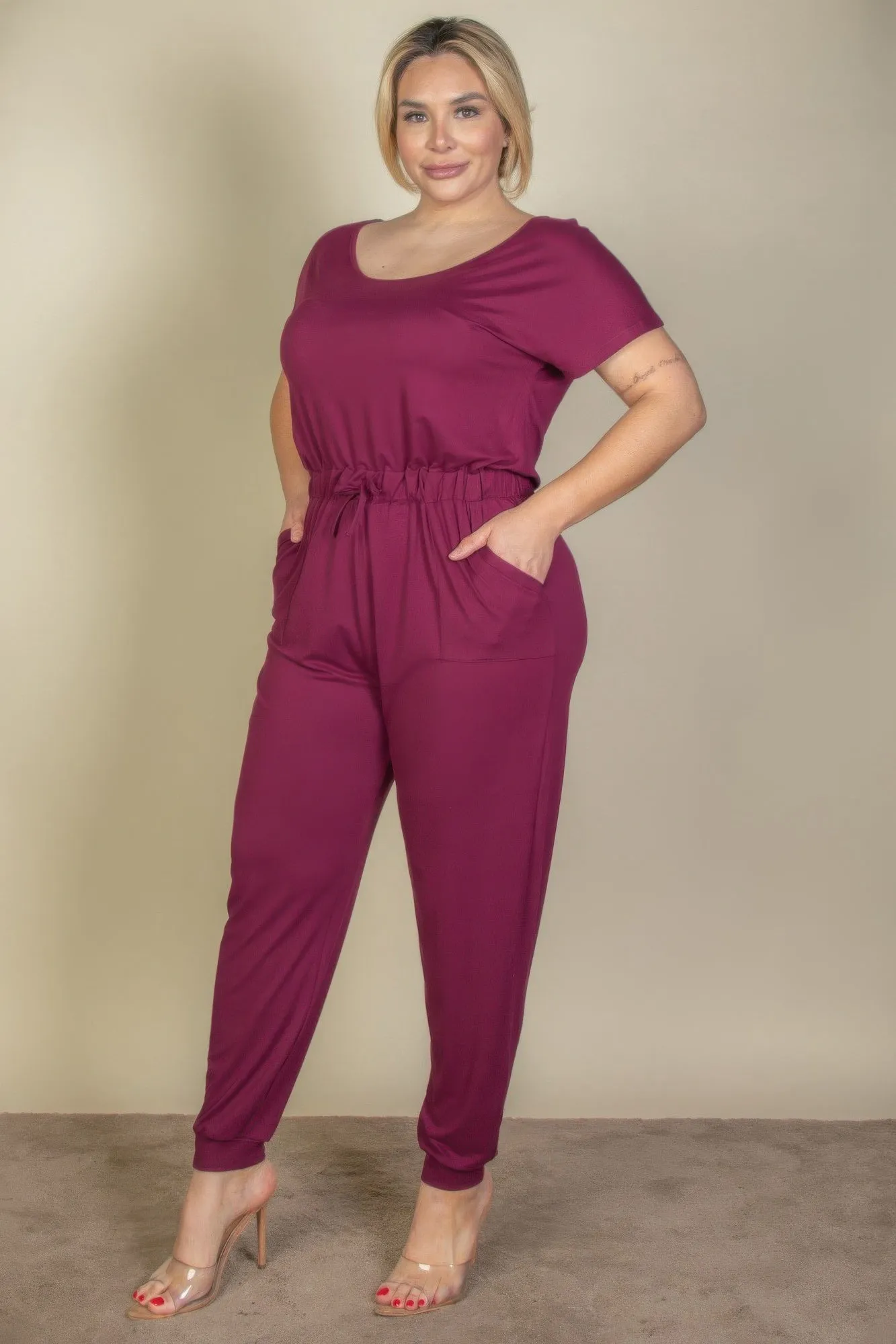 Plus Size Solid Drawstring Short Sleeve Jumpsuit