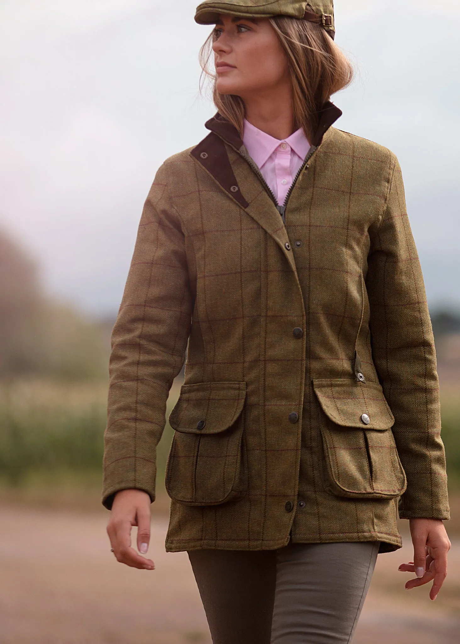 Rutland Ladies Tweed Waterproof Shooting Coat In Lichen