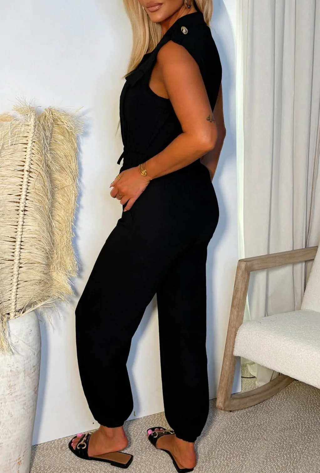 The One Black Gold Button Up Sleeveless Jumpsuit