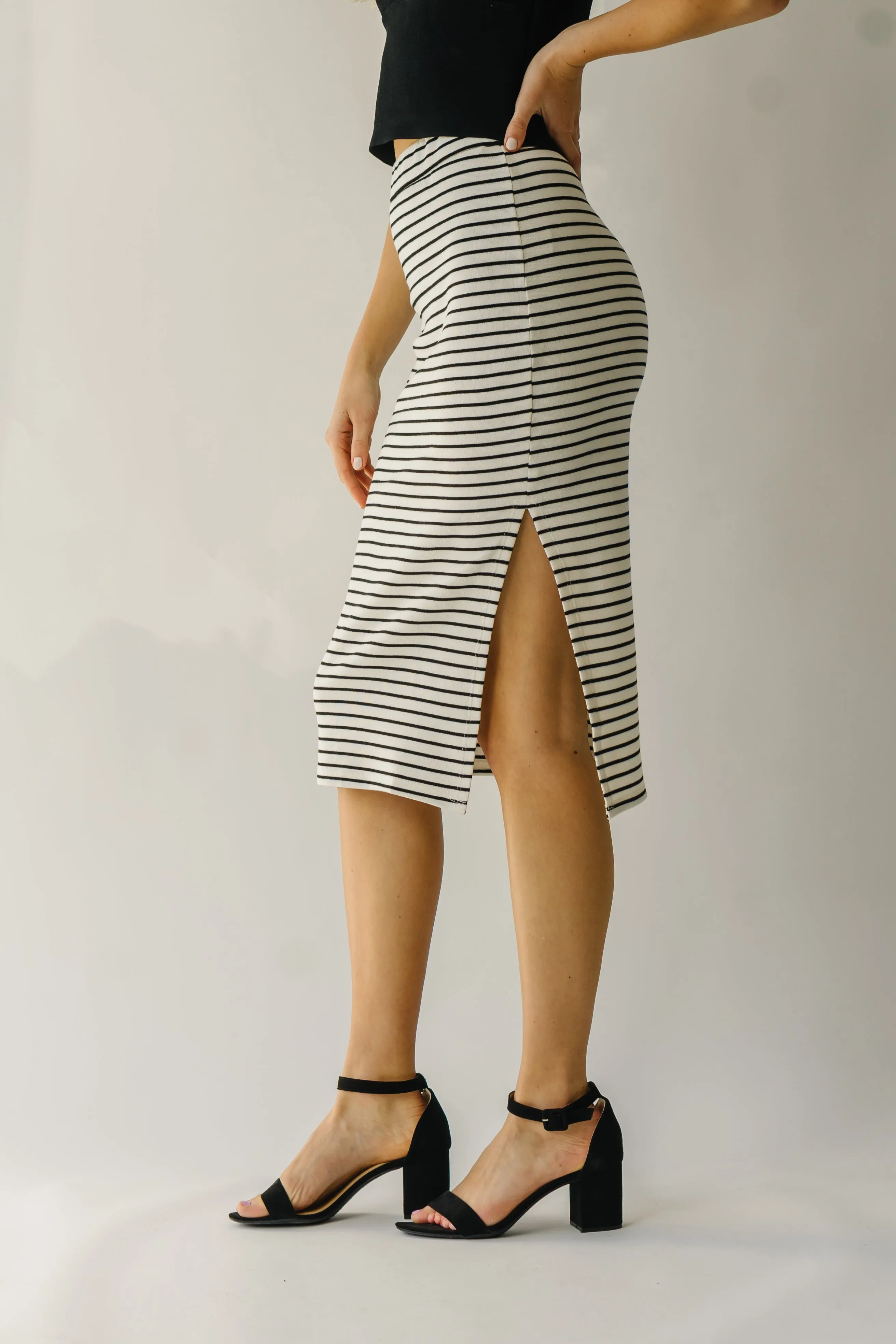 The Sumner Striped Midi Skirt in Black   Ivory