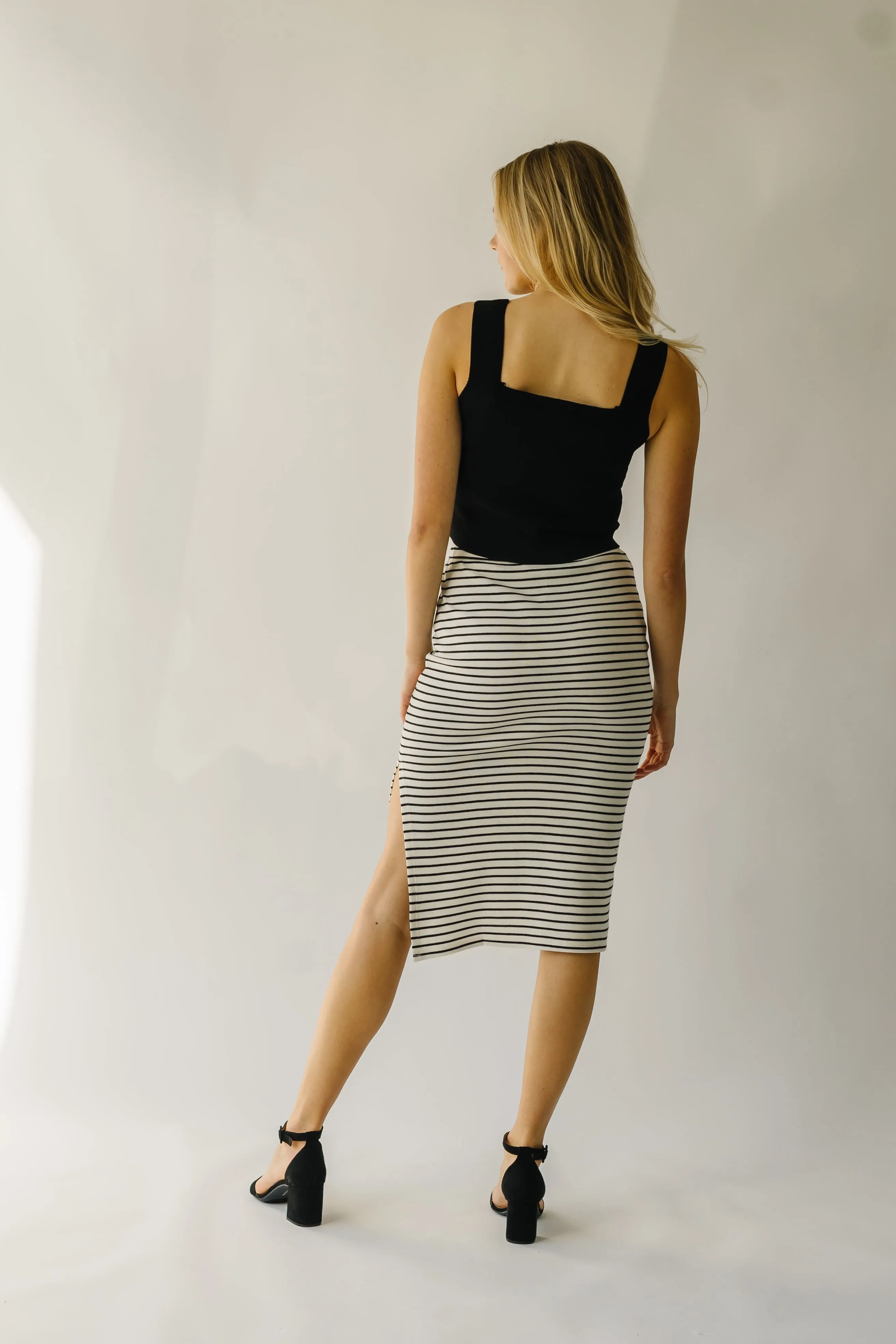 The Sumner Striped Midi Skirt in Black   Ivory