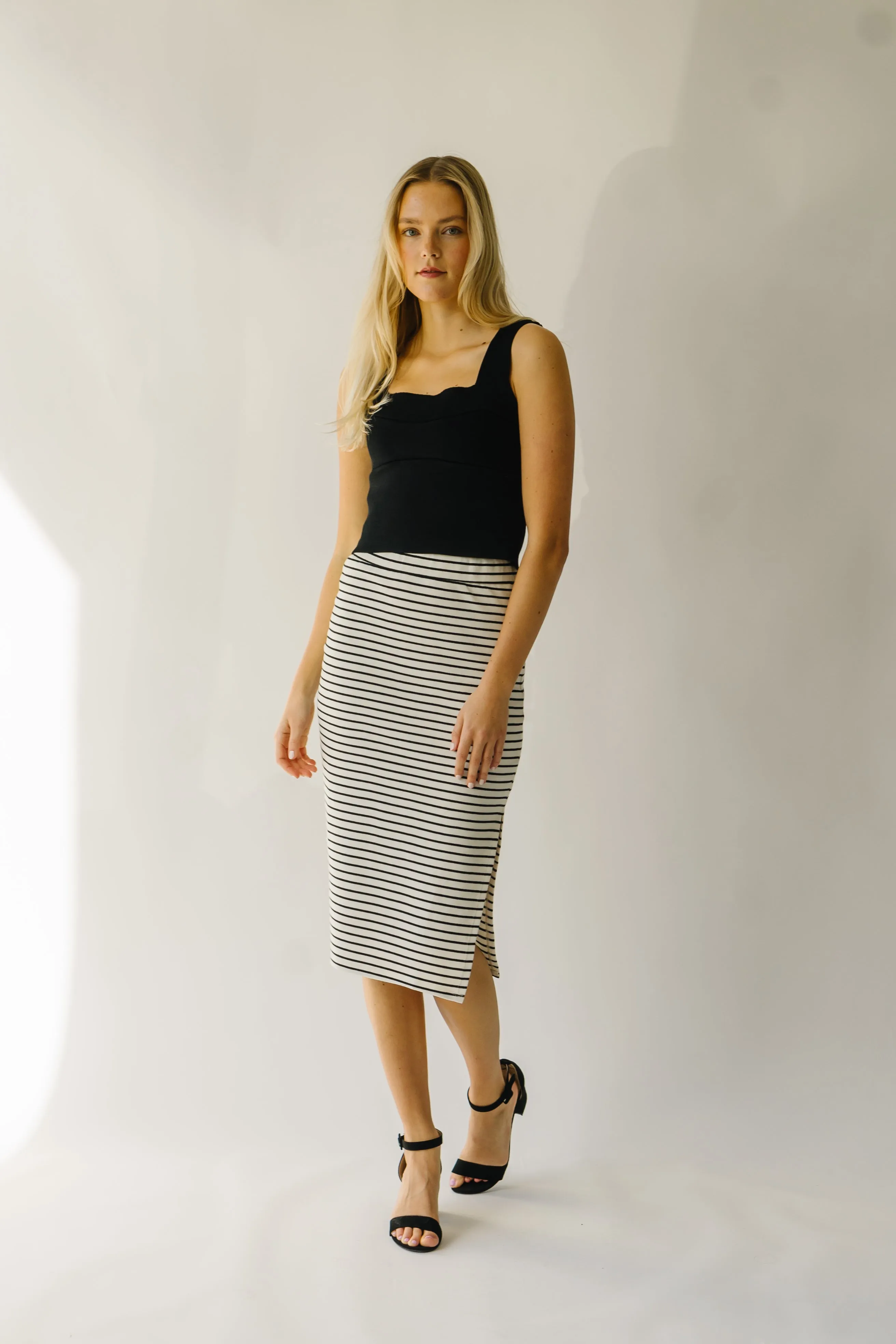 The Sumner Striped Midi Skirt in Black   Ivory