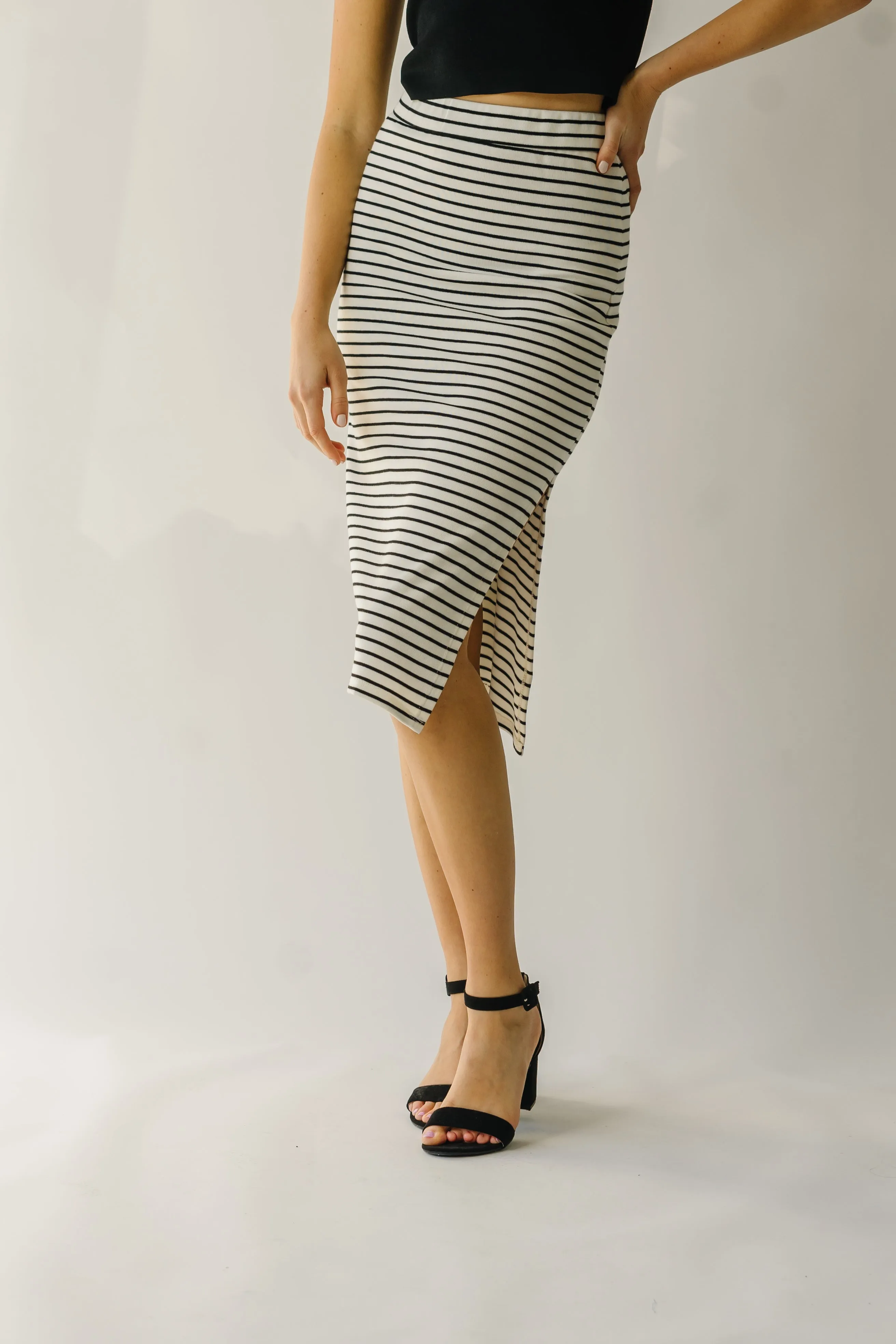 The Sumner Striped Midi Skirt in Black   Ivory