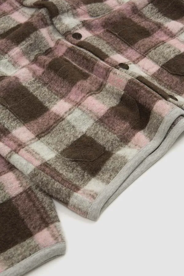 UNIVERSAL WORKS Cardigan In Pink Brown Wool Check Fleece