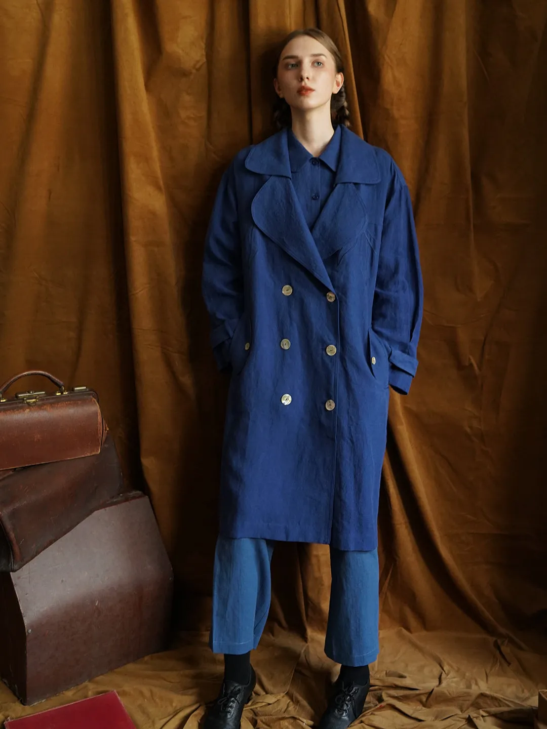 Unlogical Poem Hand-embroidered Bow-knot Appliques Blue Hemp Trench coat