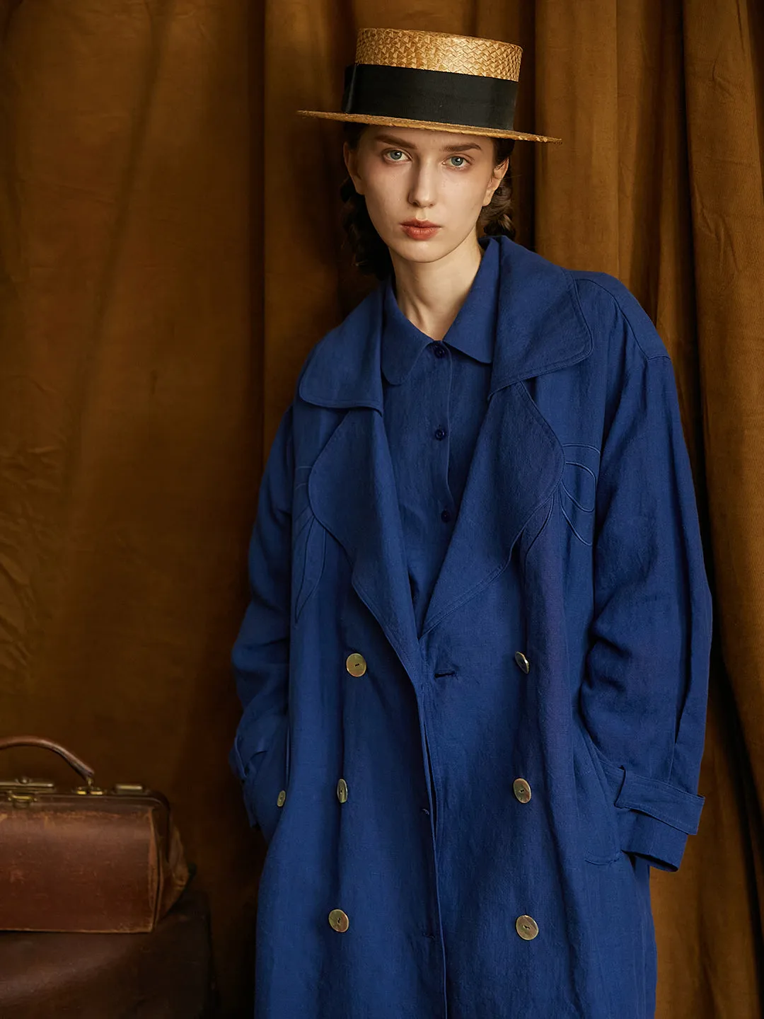 Unlogical Poem Hand-embroidered Bow-knot Appliques Blue Hemp Trench coat