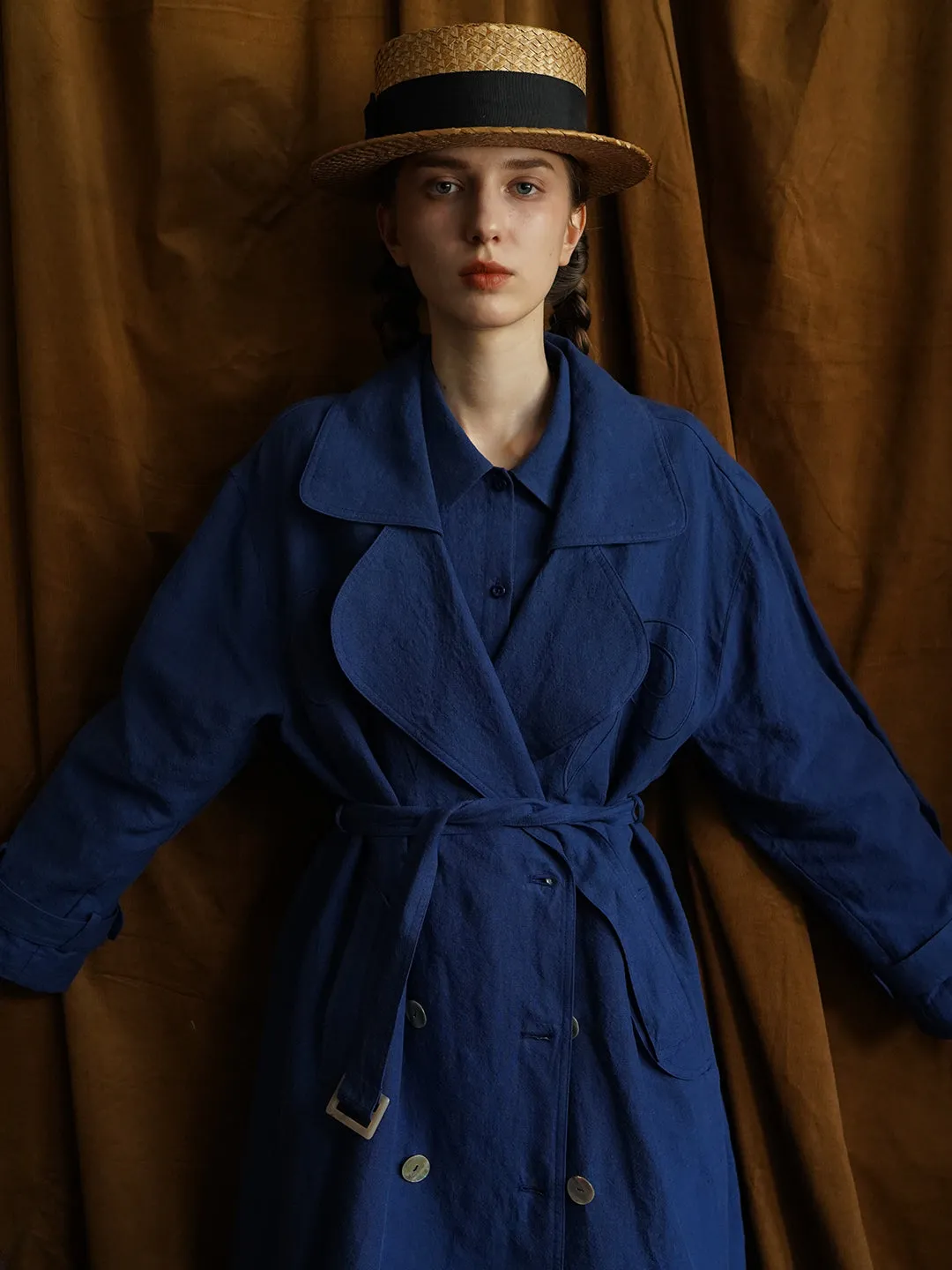 Unlogical Poem Hand-embroidered Bow-knot Appliques Blue Hemp Trench coat