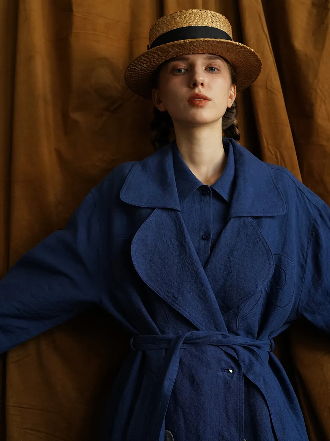 Unlogical Poem Hand-embroidered Bow-knot Appliques Blue Hemp Trench coat