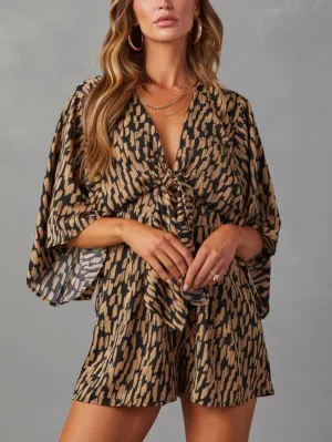 V-Neck Printed Pocketed Tie Romper - Camel