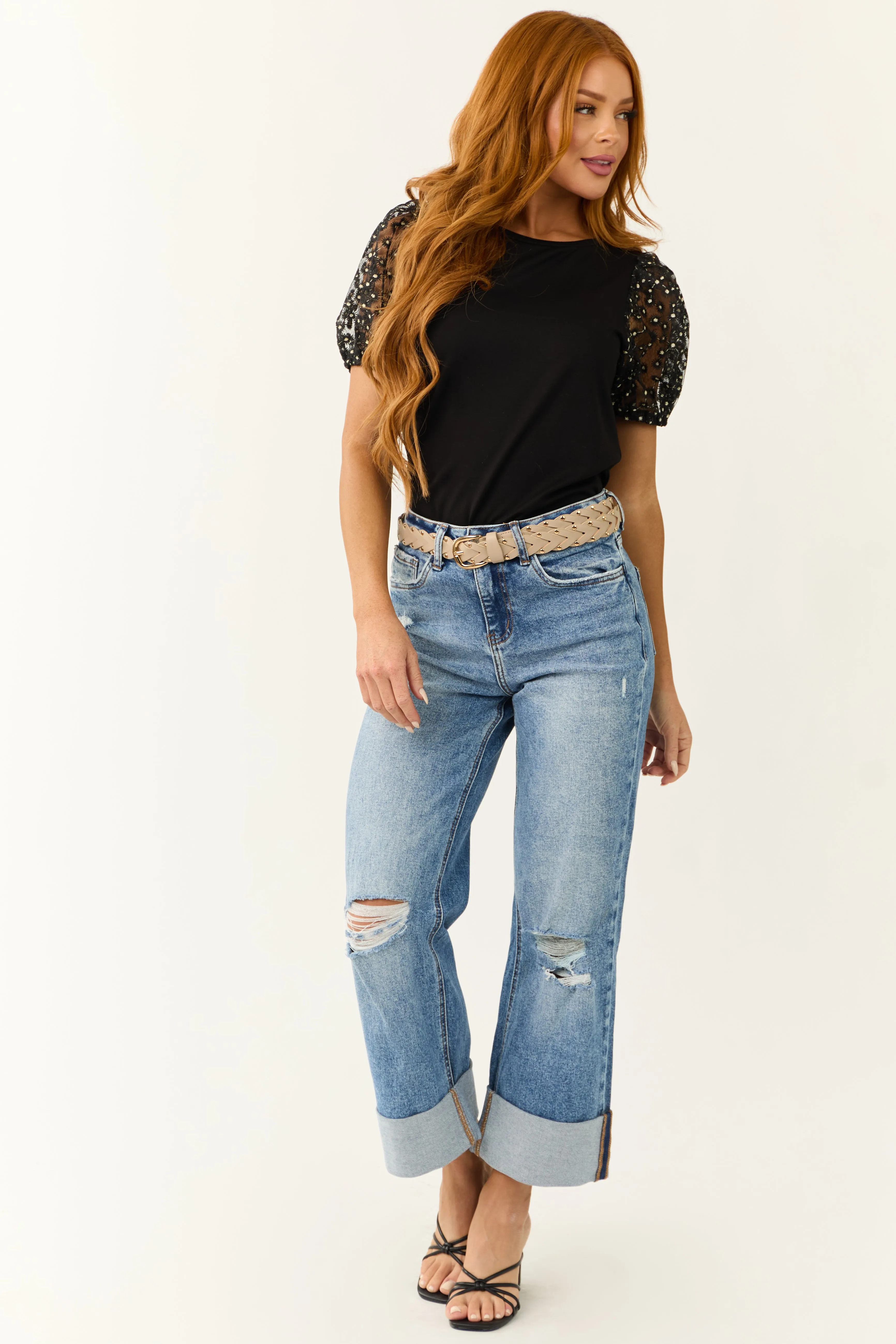 Vervet Medium Wash Cuffed Hem Baggy Wide Leg Jeans