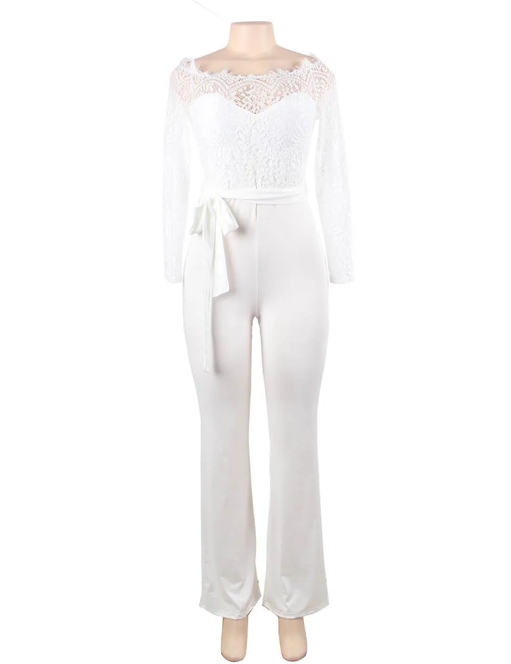 White Falling Shoulder Lace Stitching Fashion Jumpsuit