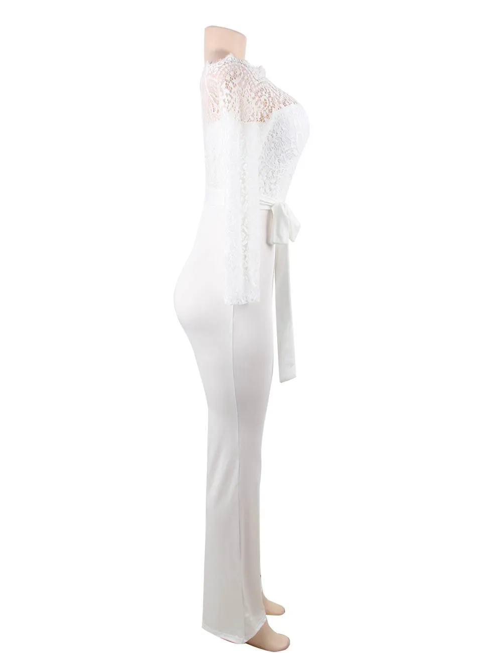 White Falling Shoulder Lace Stitching Fashion Jumpsuit