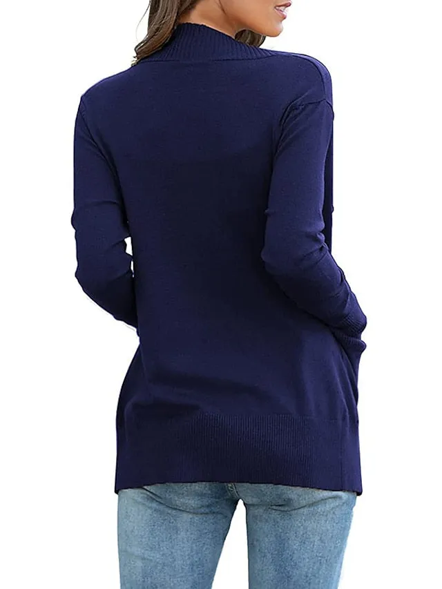 Women's Cardigan Knitted Front Pocket Solid Color Basic Casual Soft Long Sleeve Regular Fit Sweater Cardigans Open Front Fall Winter Spring Blue Wine Black / Going out