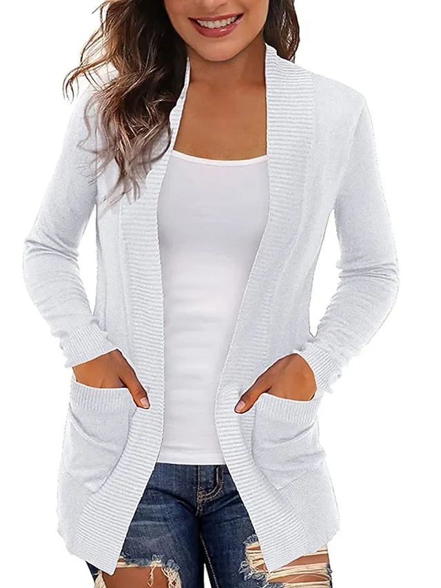 Women's Cardigan Knitted Front Pocket Solid Color Basic Casual Soft Long Sleeve Regular Fit Sweater Cardigans Open Front Fall Winter Spring Blue Wine Black / Going out