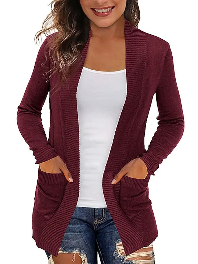 Women's Cardigan Knitted Front Pocket Solid Color Basic Casual Soft Long Sleeve Regular Fit Sweater Cardigans Open Front Fall Winter Spring Blue Wine Black / Going out