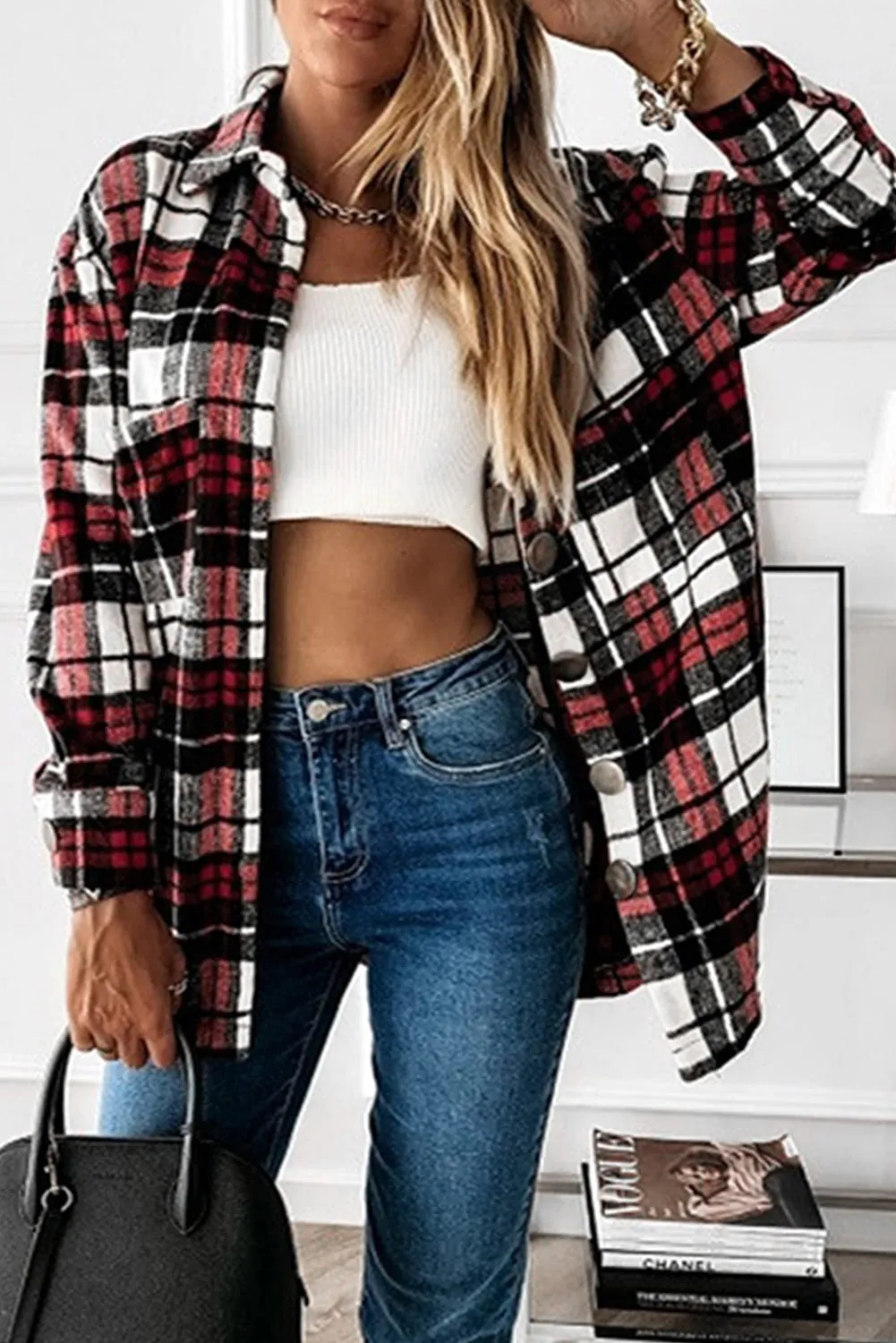 Womens Casual Plaid Shacket Button Down Shirts Coats