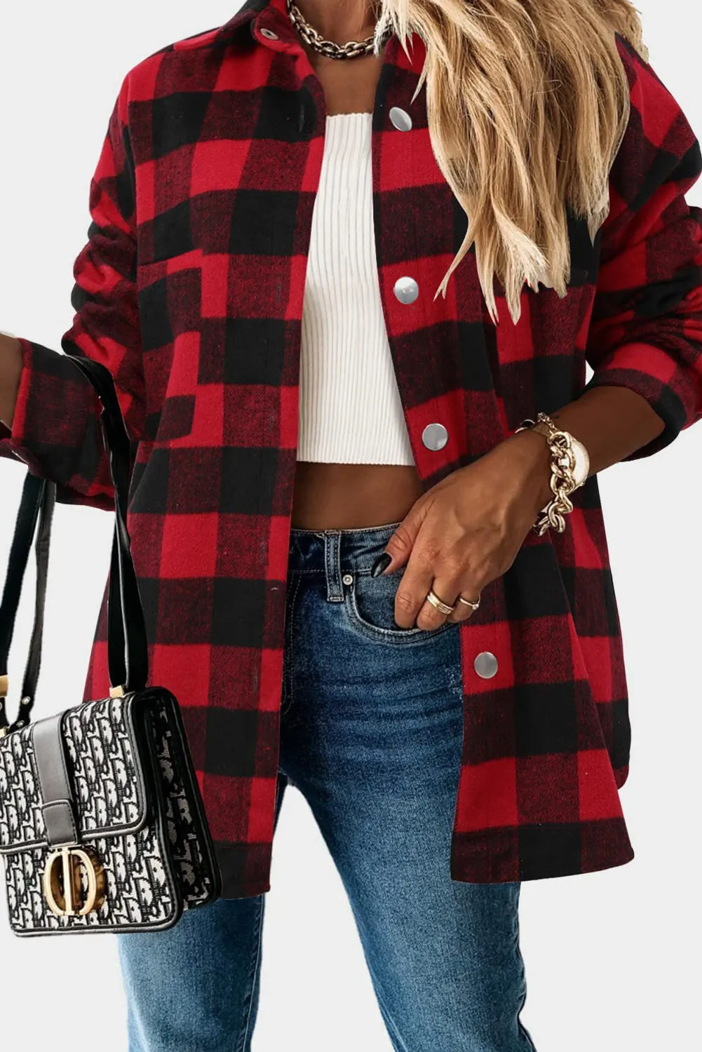 Womens Casual Plaid Shacket Button Down Shirts Coats