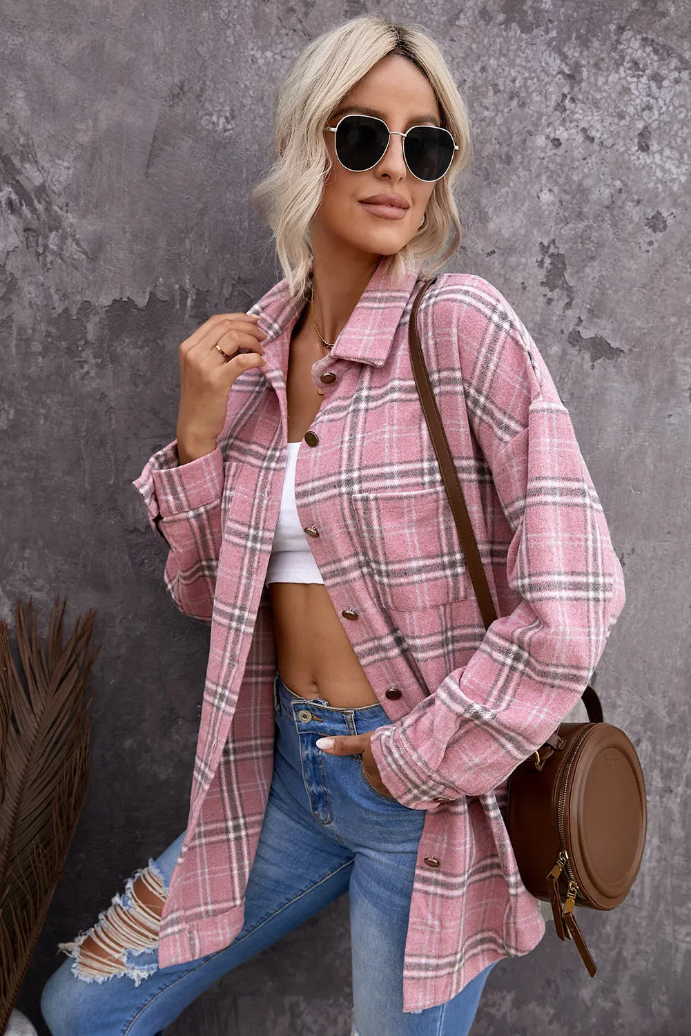 Womens Casual Plaid Shacket Button Down Shirts Coats