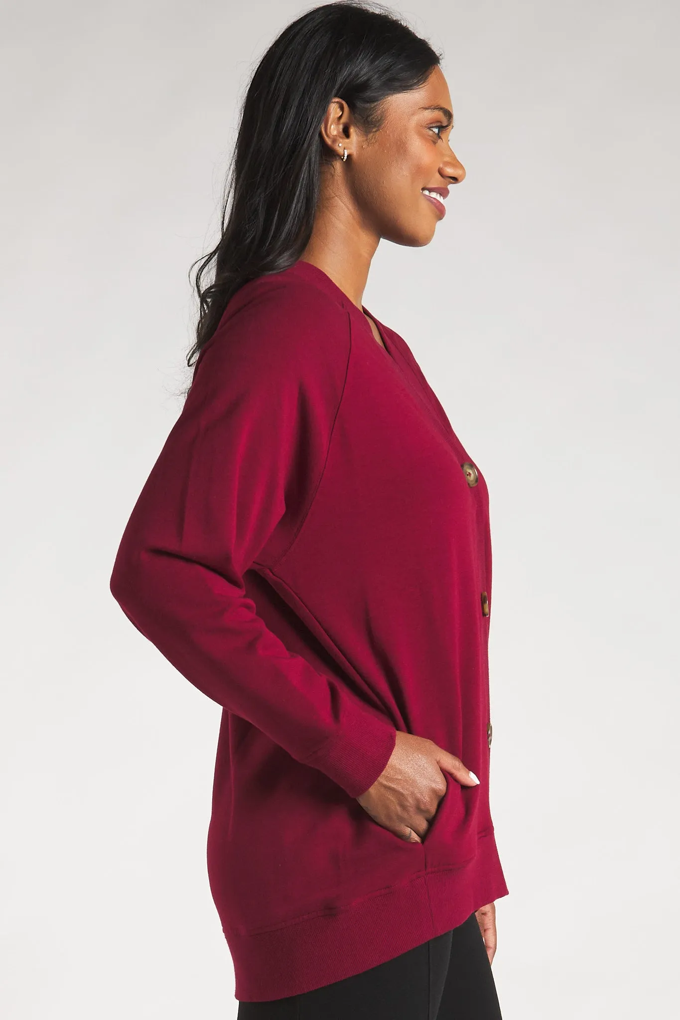 Yasmine Button-Front Bamboo Cardigan - Cranberry