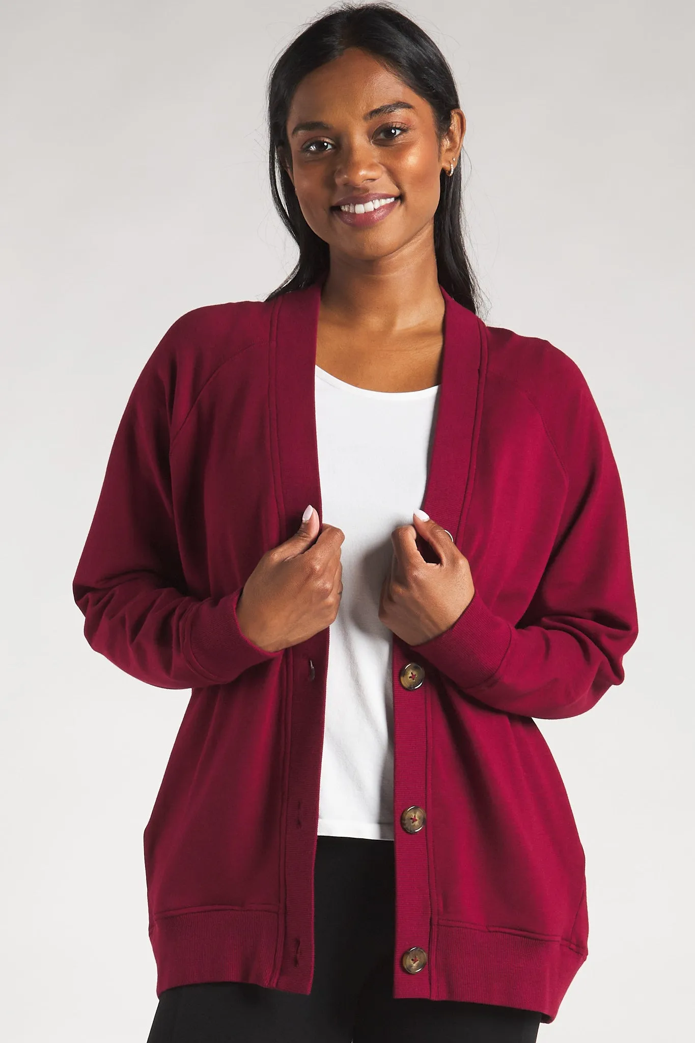 Yasmine Button-Front Bamboo Cardigan - Cranberry