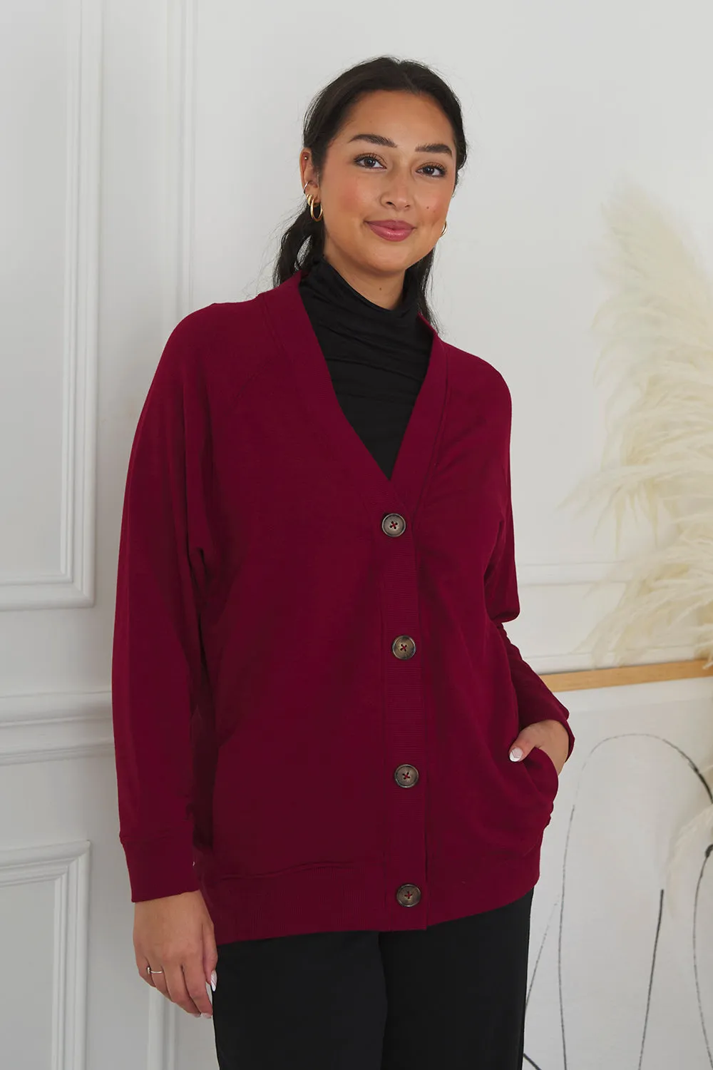 Yasmine Button-Front Bamboo Cardigan - Cranberry